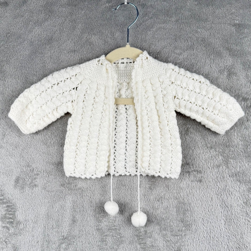 Primitive Crochet Baby Cardigan Size 6 Months Pom Pom Ties Vintage 80s Precious